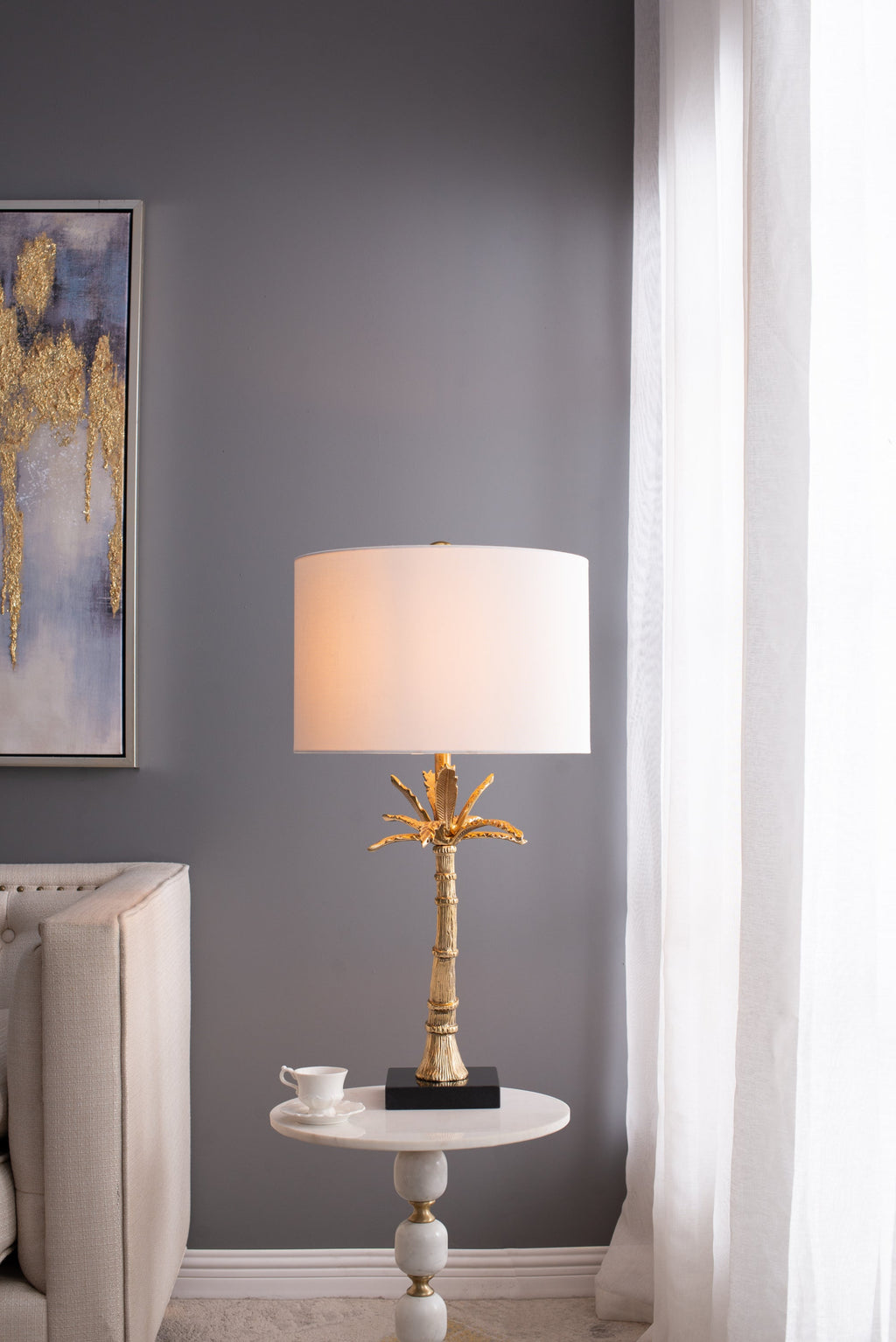 Gold Leaf Table Lamp with Marble Base - Gold