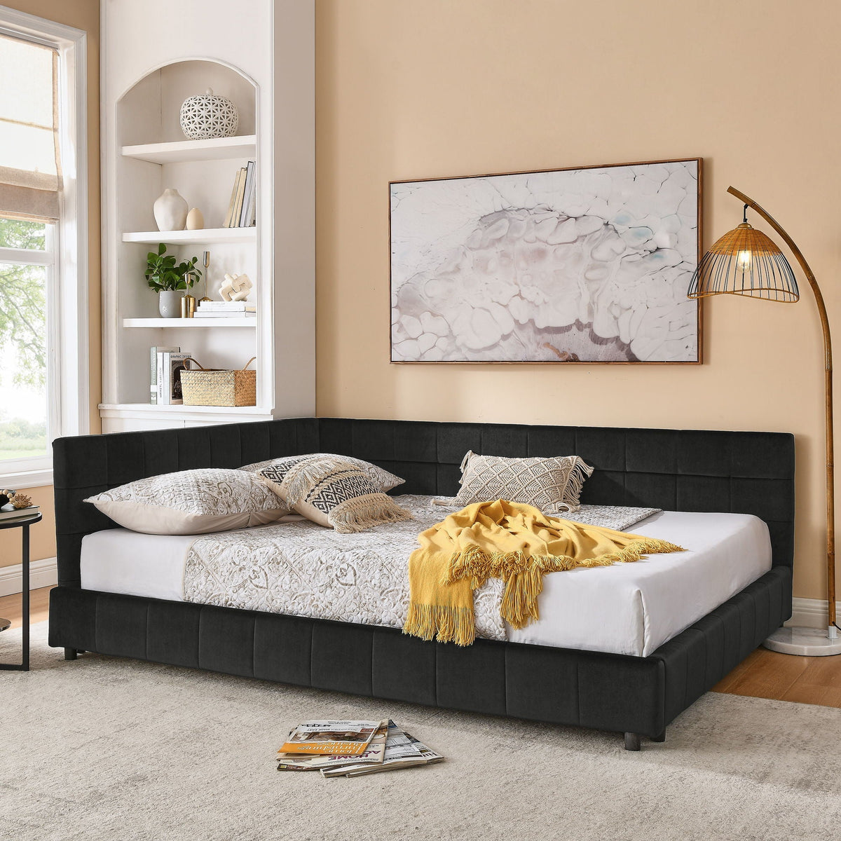 Mid-Century Storage Upholstered Tufted Bed Frame with Backrest and Armrests - Multiple Colors
