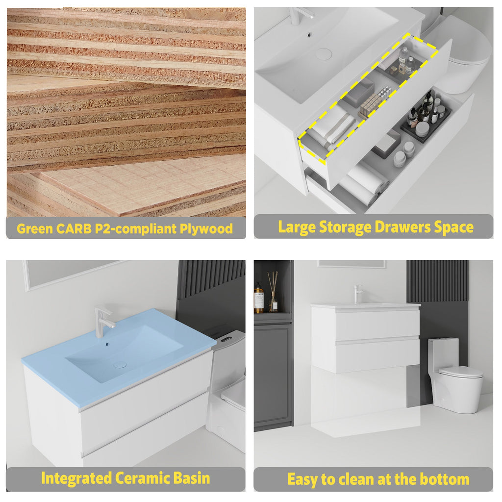 30 Inch Floating Bathroom Vanity with Soft-Close Drawer and Ceramic Sink - Multiple Colors