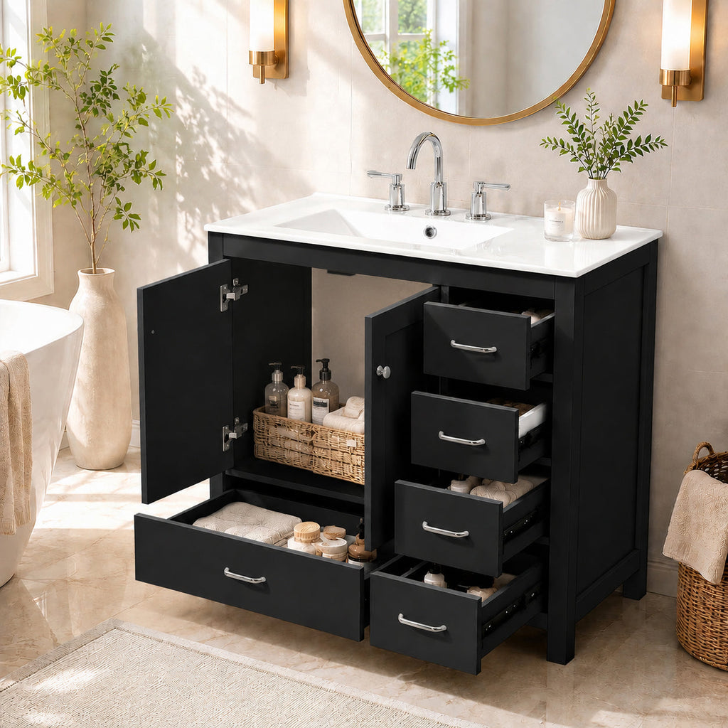 36" Black Bathroom Vanity With Ceramic Sink Combo