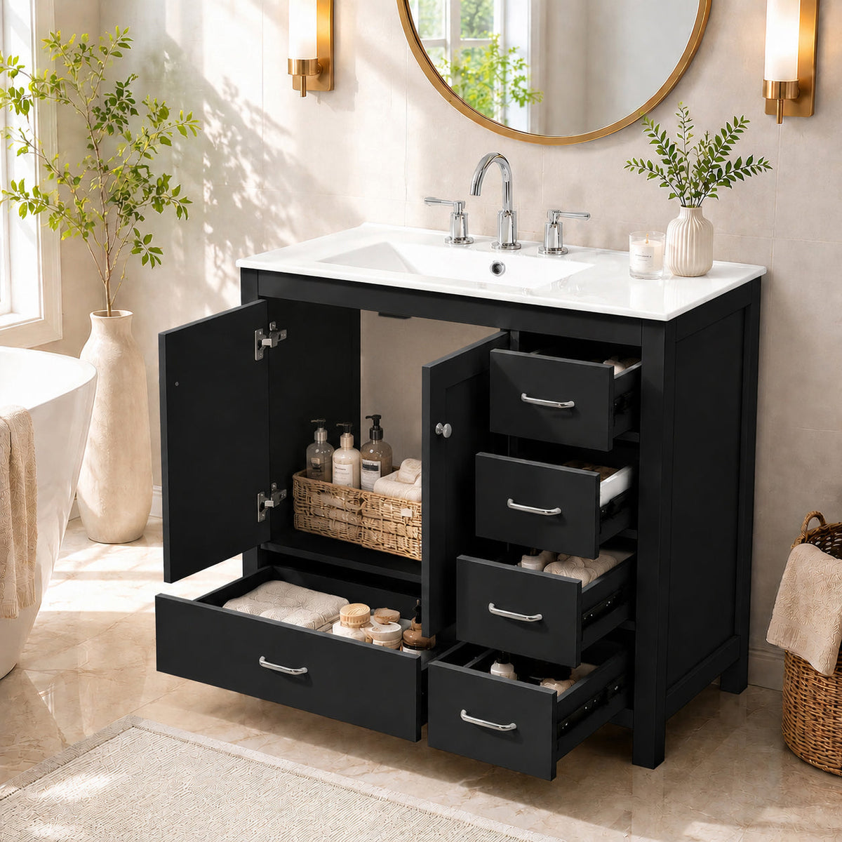 36" Black Bathroom Vanity With Ceramic Sink Combo