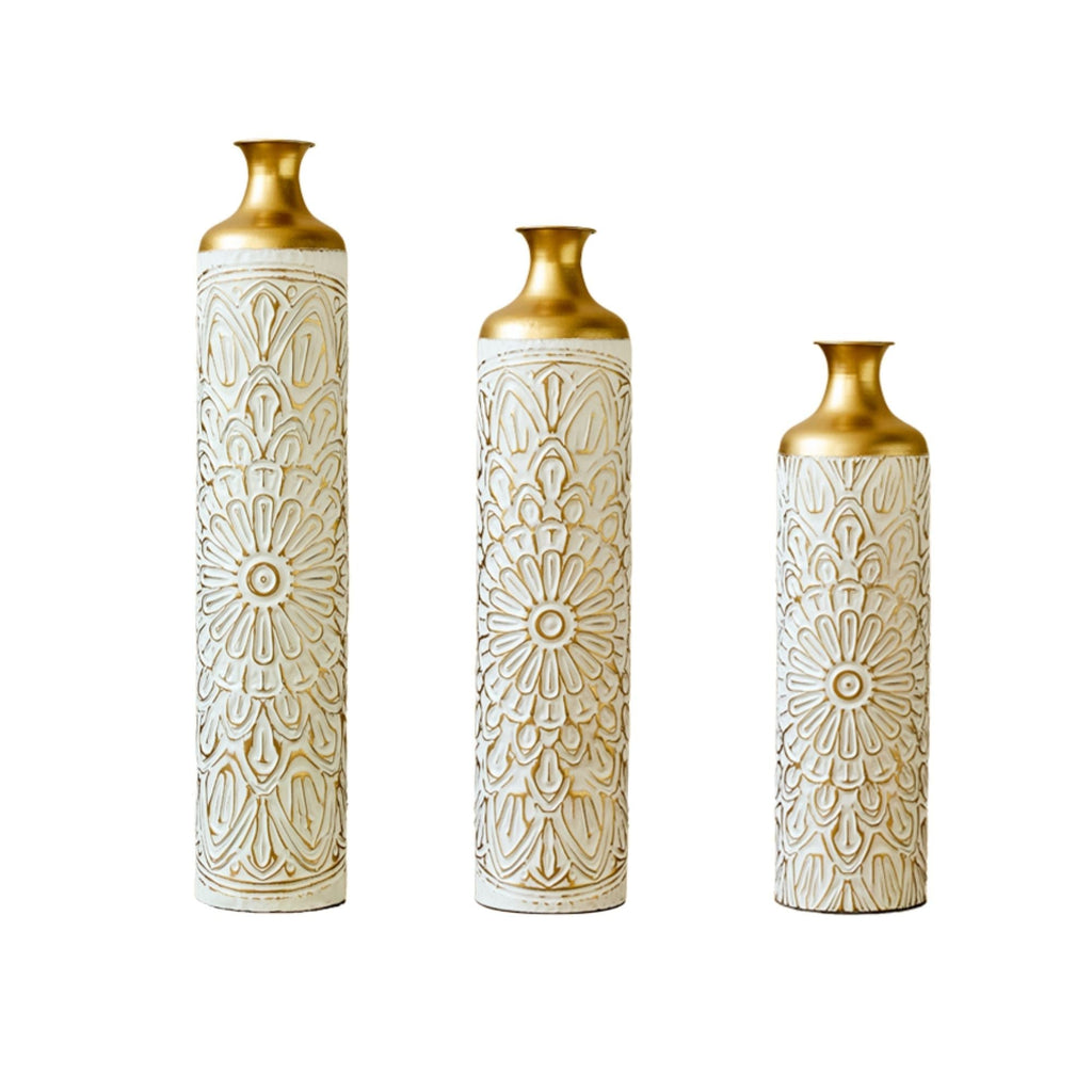 Large Glazed Floor Vases with Elegant Hammered Detail - Gold / White