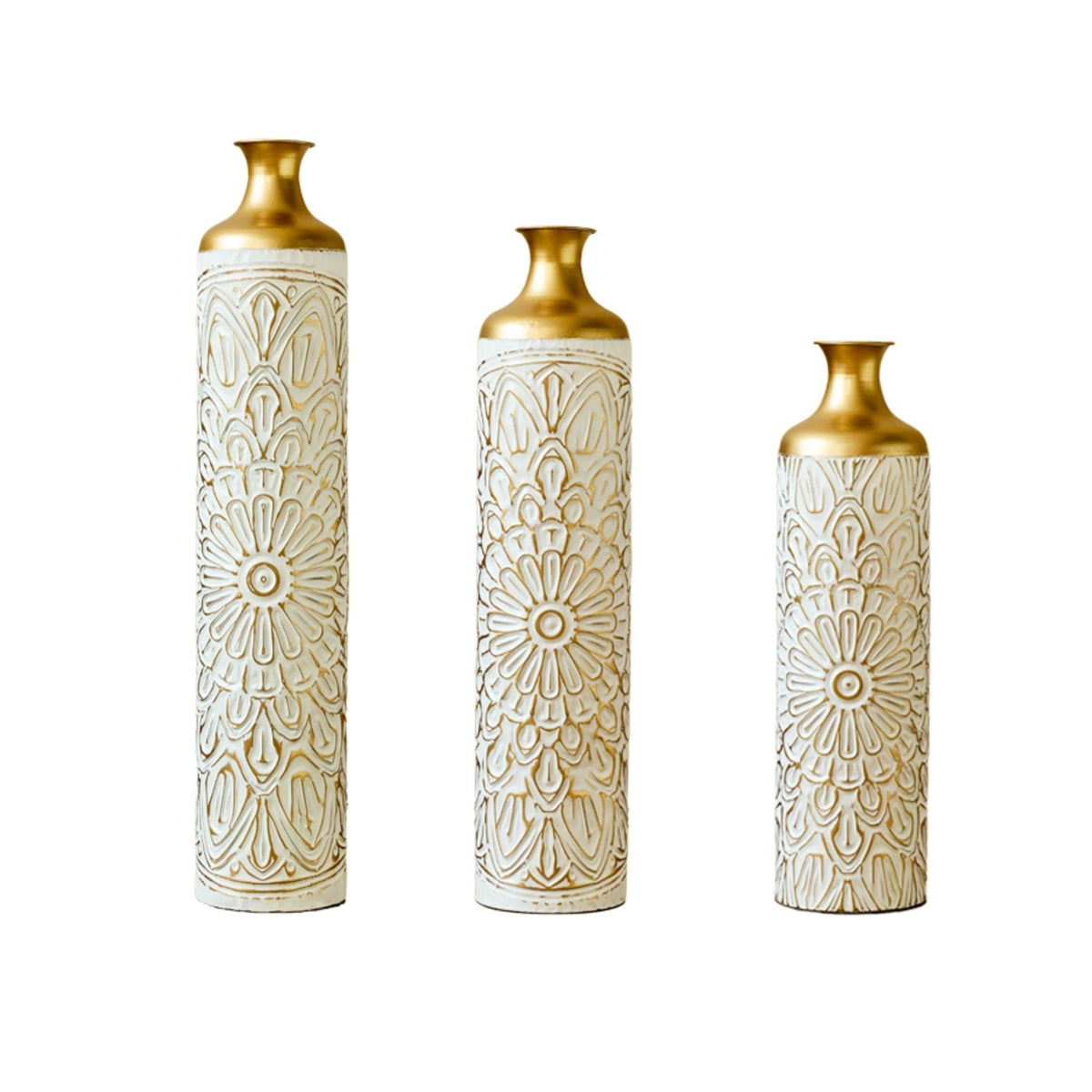 Large Glazed Floor Vases with Elegant Hammered Detail - Gold / White