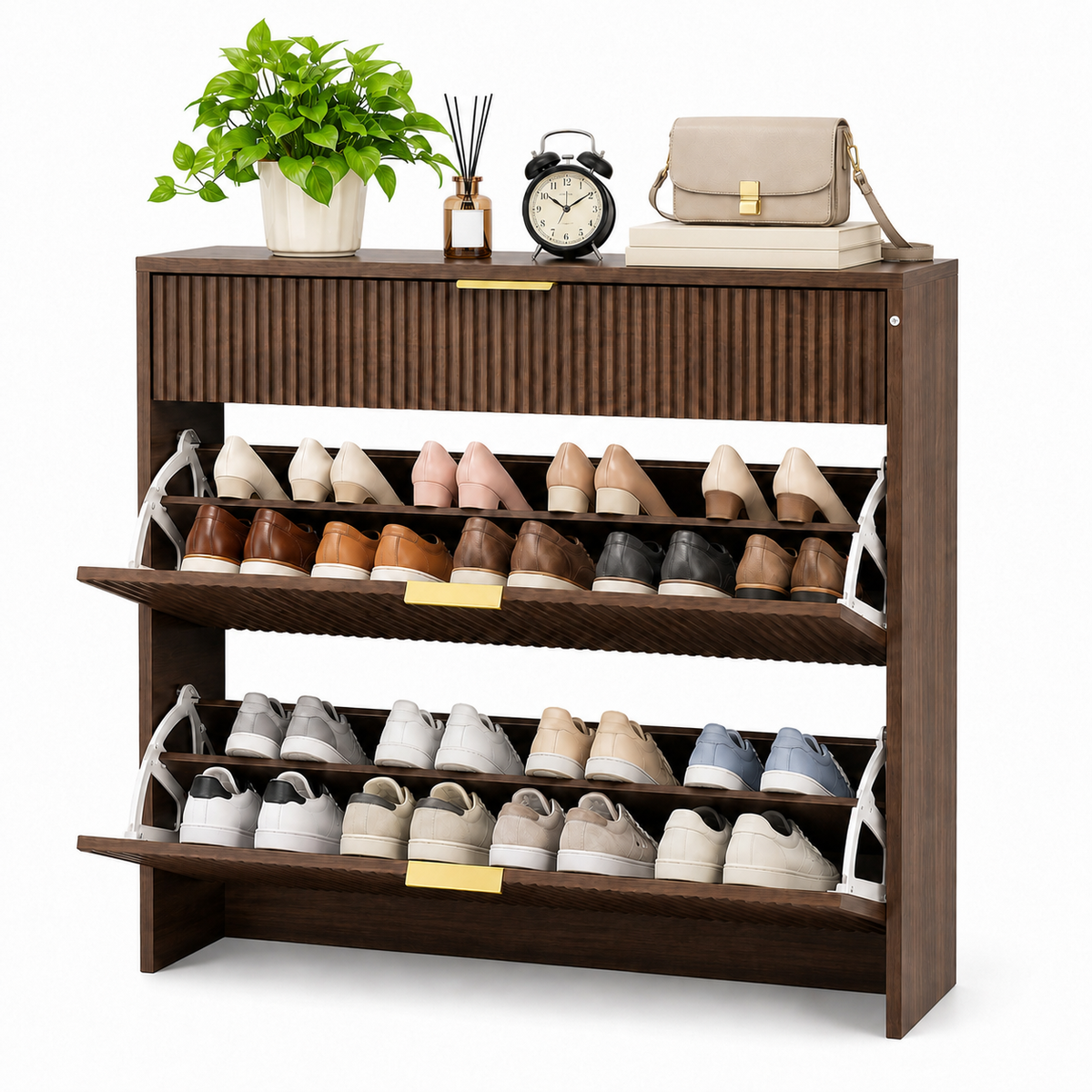 Narrow Fluted Shoe Storage Cabinet with Fluted Detailing - MDF