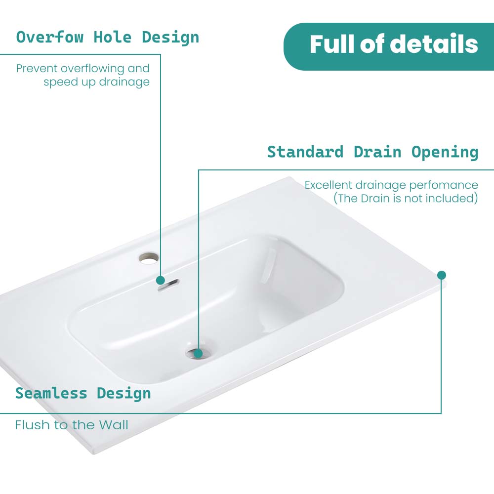 Glossy White Ceramic Integrated Bathroom Vanity Basin with Rounded Edges - White