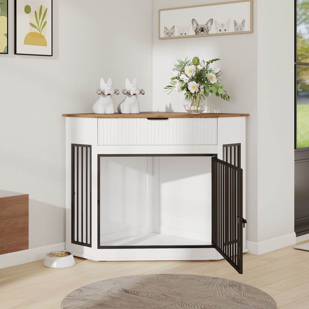 Corner Dog Crate with Fluted Drawer - White or Dark Brown