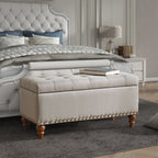 Upholstered Ottoman with Storage and Rivet Trim - Fabric, Beige or Gray