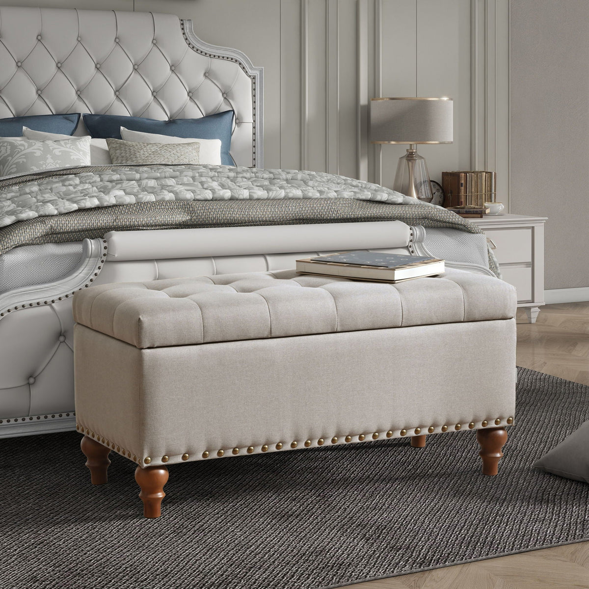 Upholstered Ottoman with Storage and Rivet Trim - Fabric, Beige or Gray