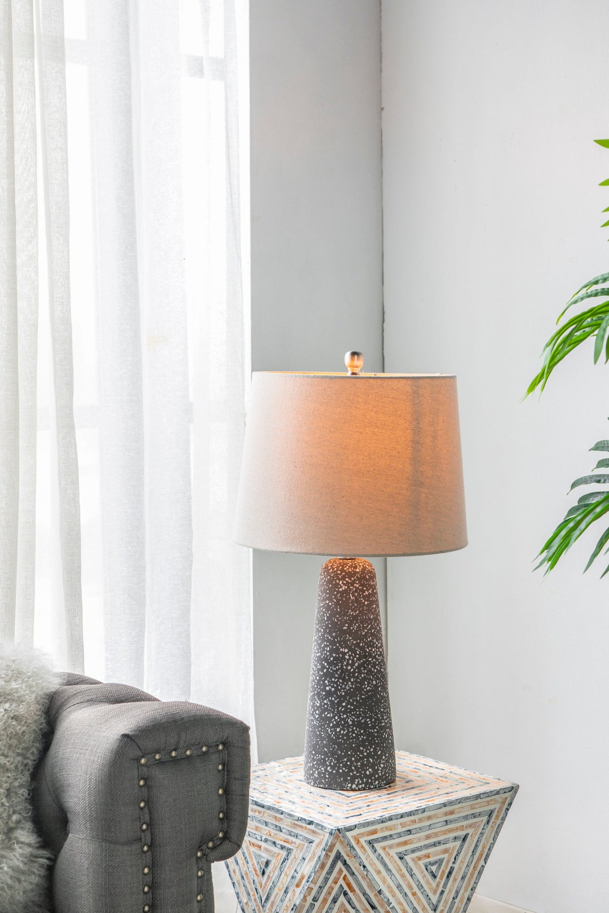 Artisan Multicolor Glass Table Lamp with Linen Shade - Black & Beige