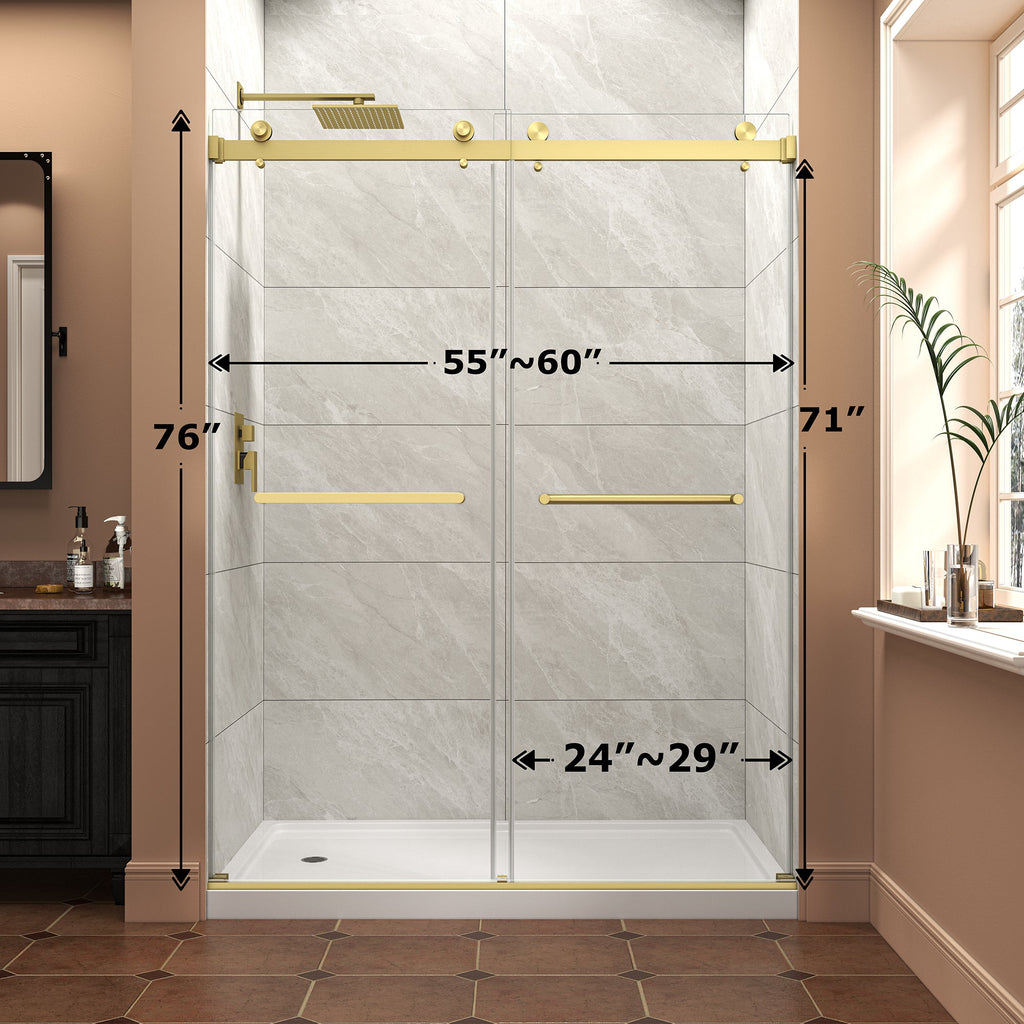 Brushed Gold Frameless Shower Door with Adjustable Width - 60" W x 76" H