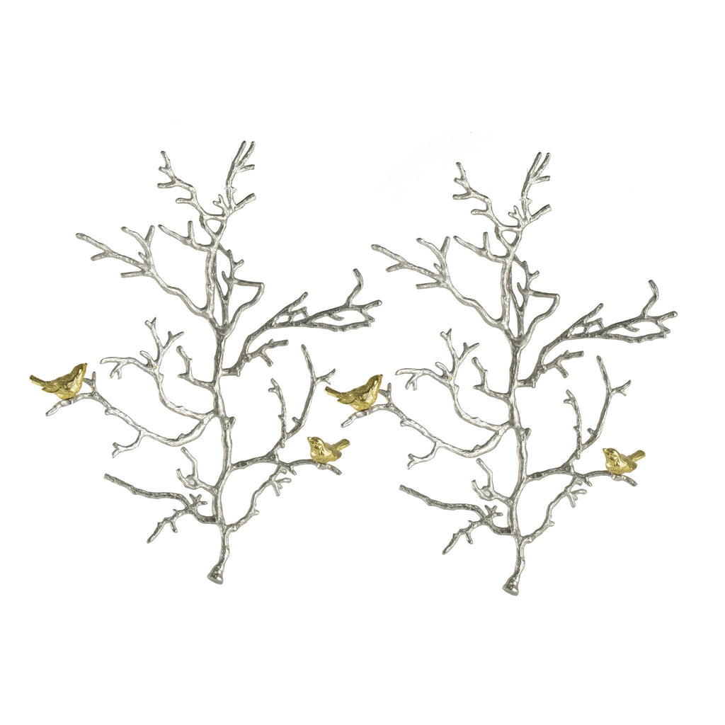Metal Branch Wall Sculptures with Bird Accents - Silver Multi