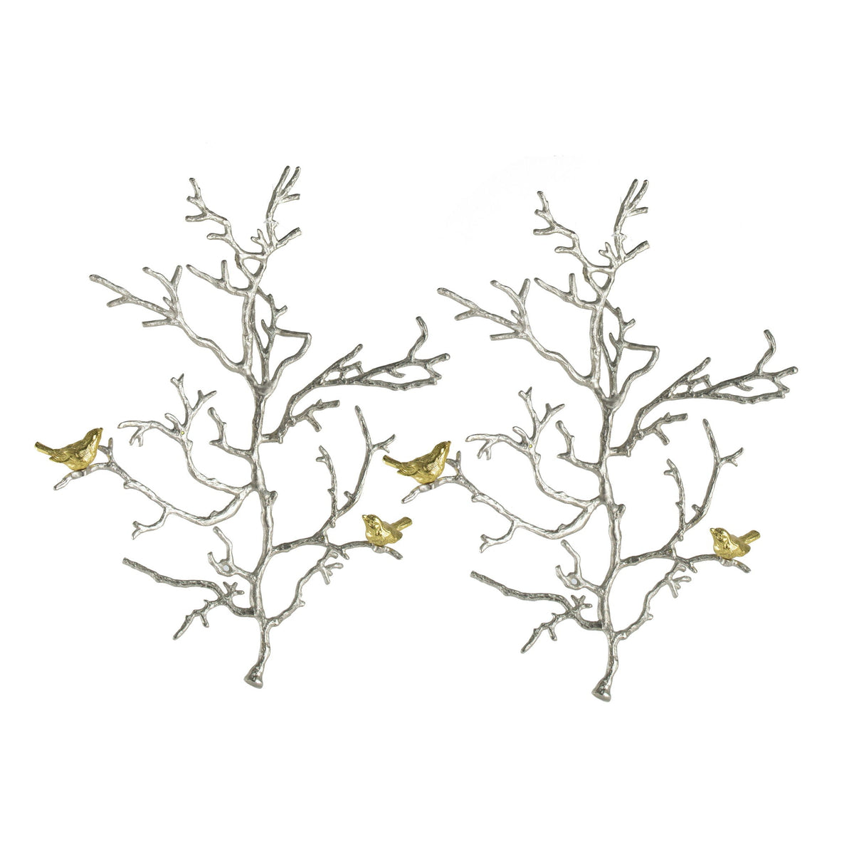 Metal Branch Wall Sculptures with Bird Accents - Silver Multi