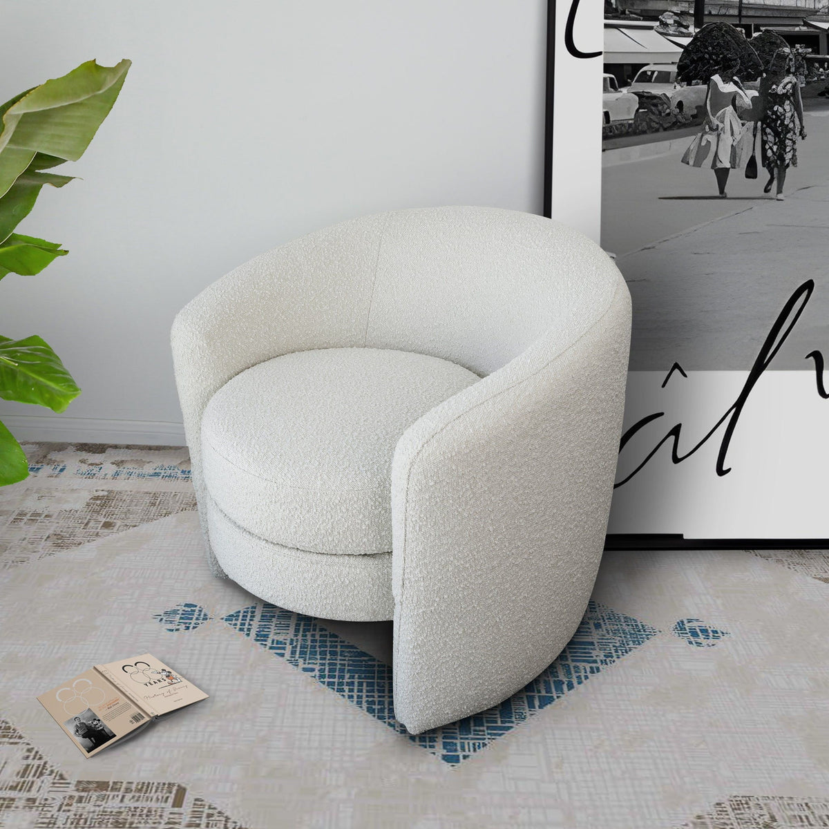 White Lounge Chair with Boucle Upholstery - Fully Padded Back