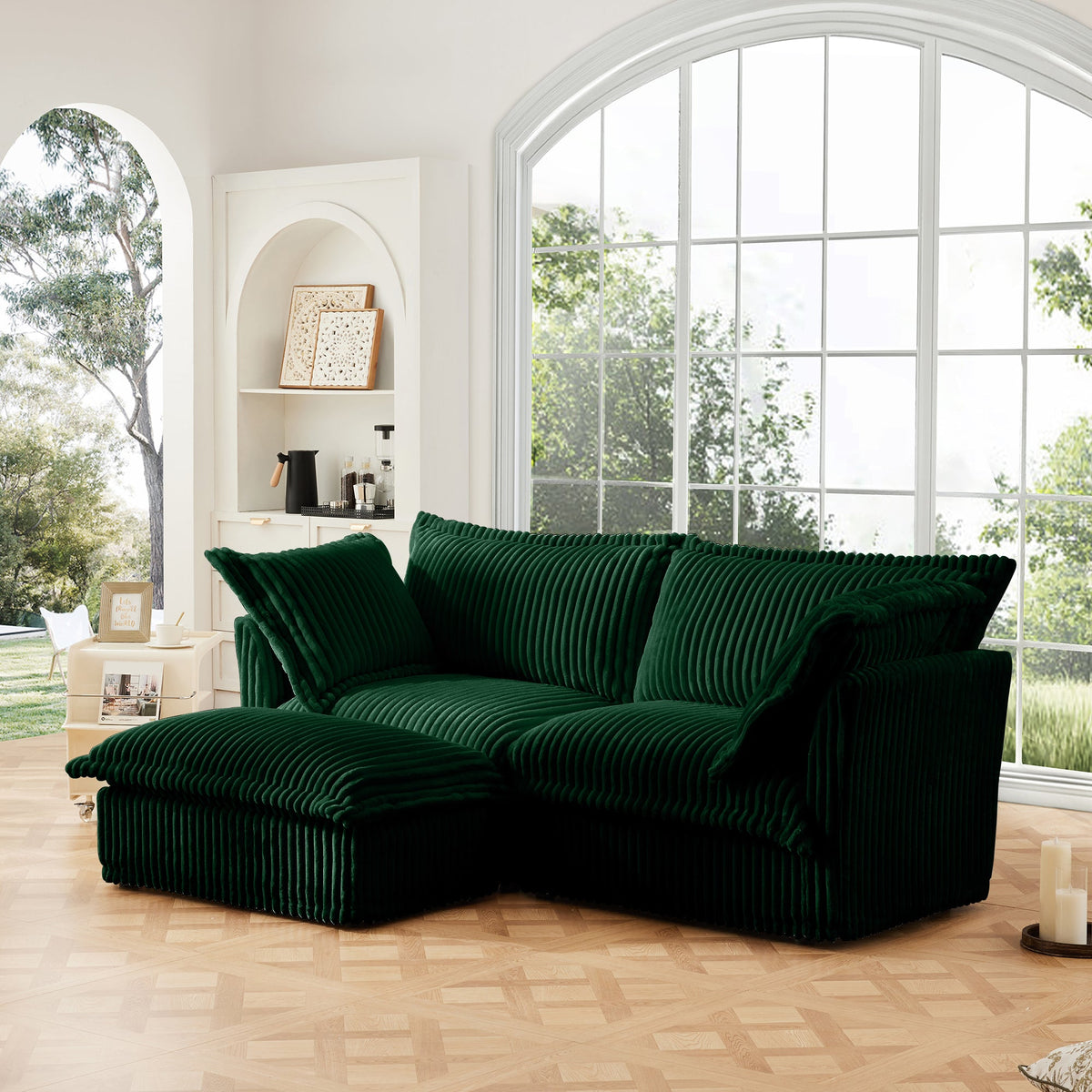 Slipcovered Sectional 2 Seater Sofa with Convertible Ottoman