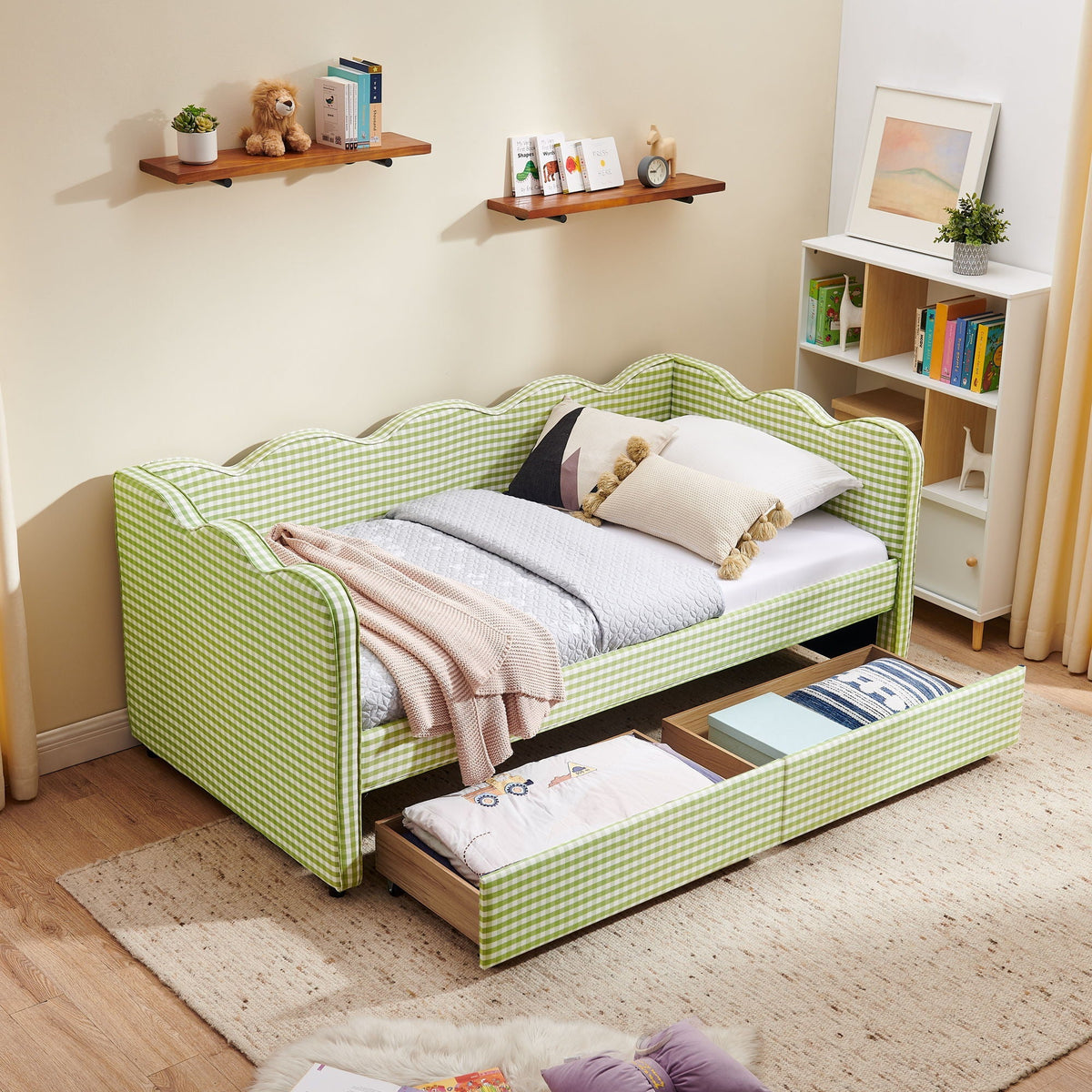 Gingham Daybed with USB Charging Port and Wave-Shaped Design - Multiple Colors