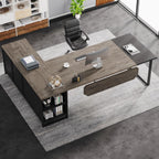 L-Shaped Executive Desk with File Cabinet and Storage - Light Brown or Dark Gray