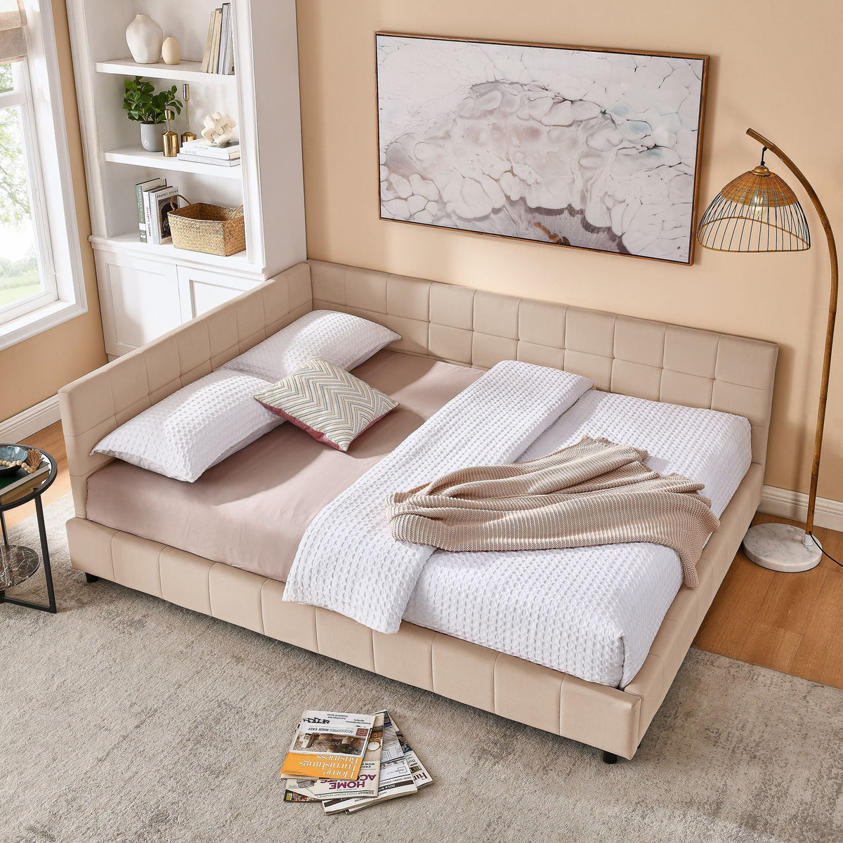 Mid-Century Storage Upholstered Tufted Bed Frame with Backrest and Armrests - Multiple Colors