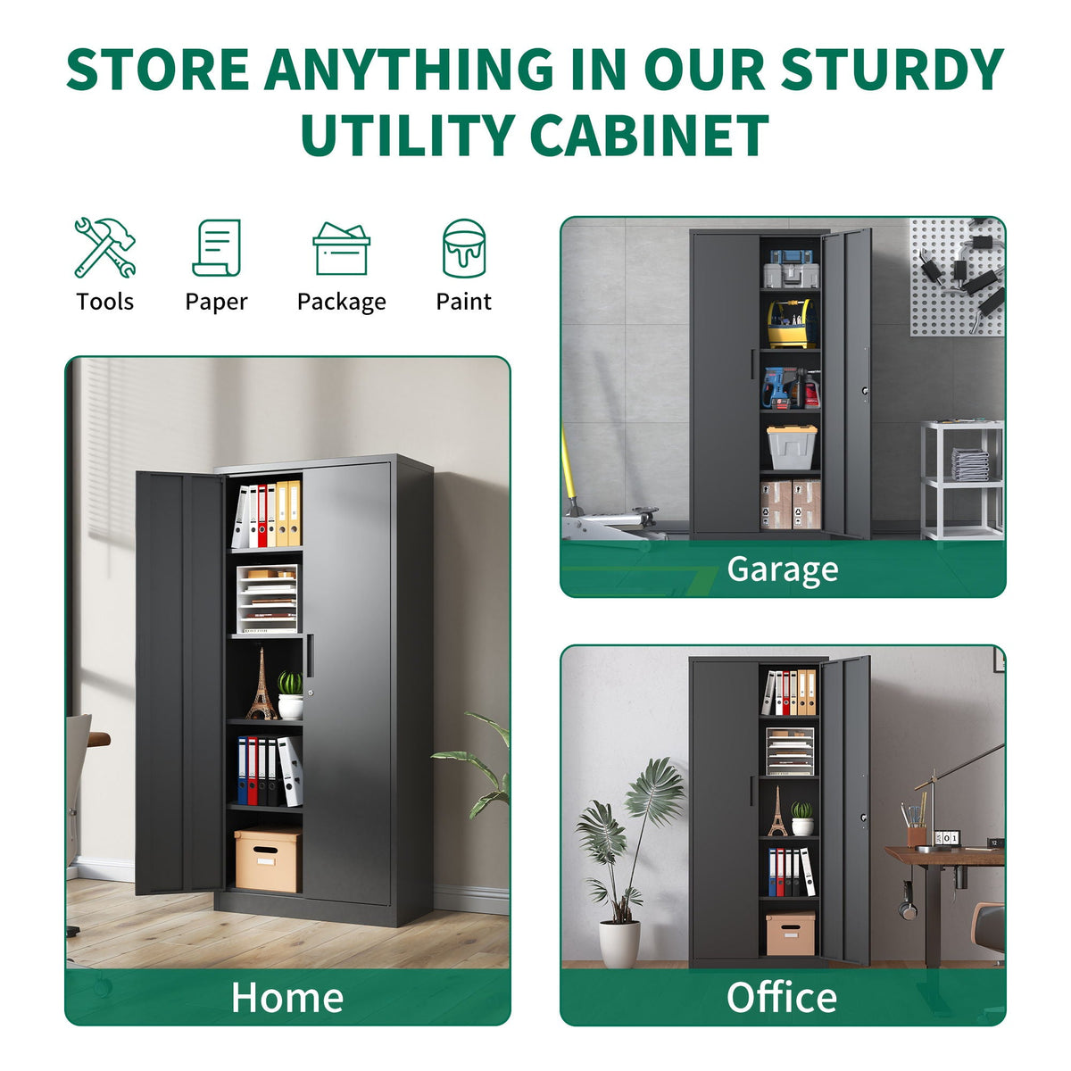 Heavy Metal Garage Storage Cabinet with Locking Doors - Black or White