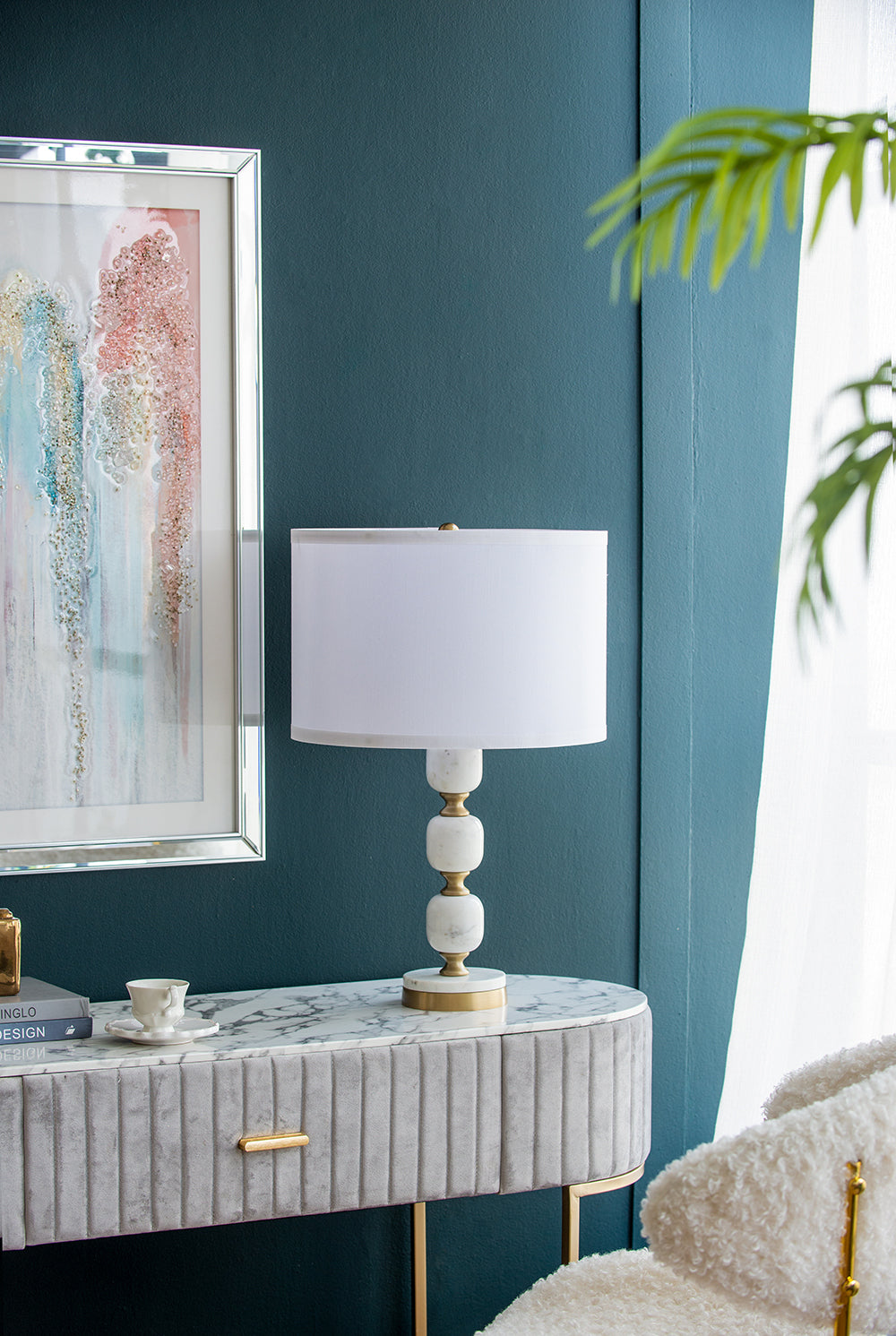 Marble Base Table Lamp with White Fabric Shade - 26.5"