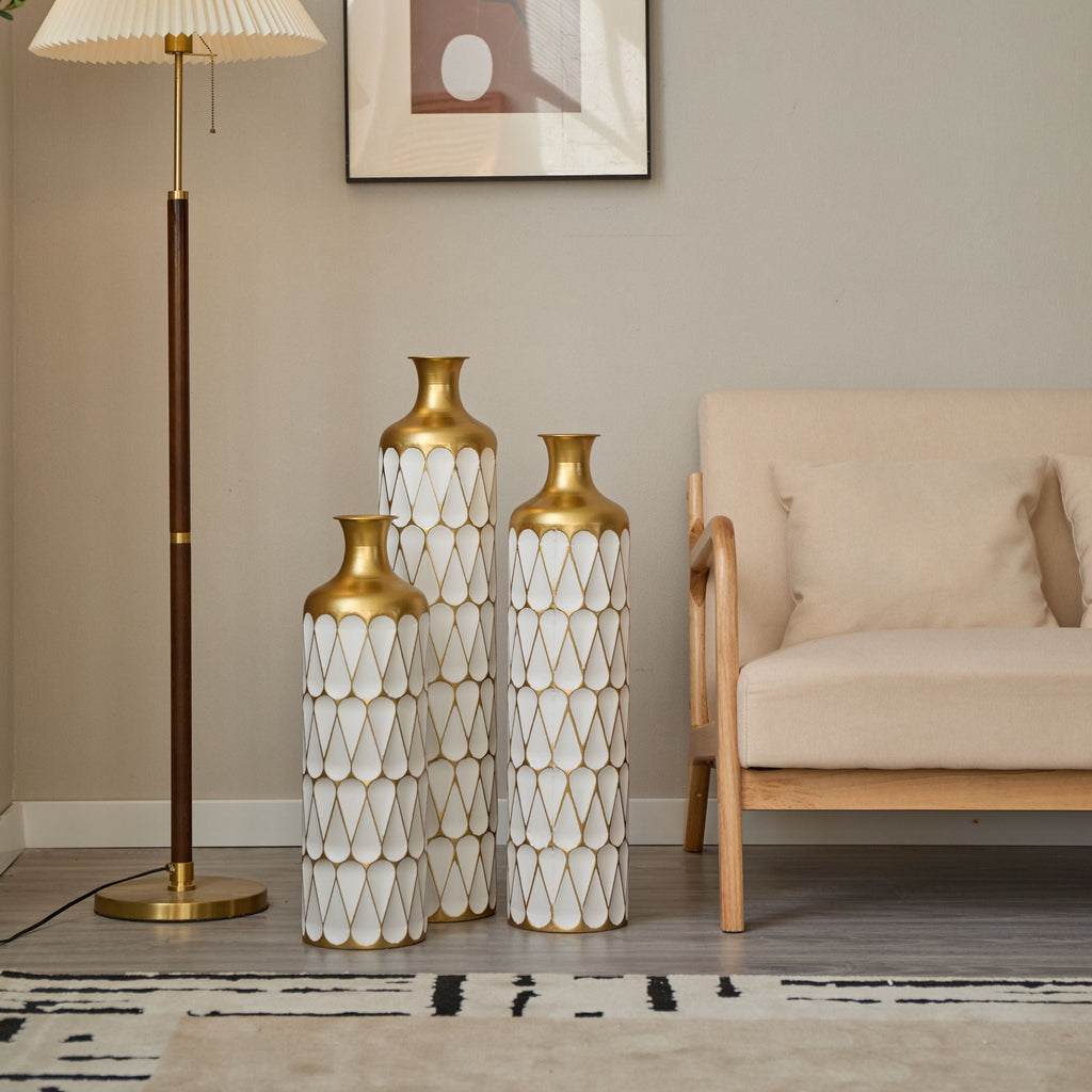 Modern Floor Metal Vase 3-Piece Set with Gold & White Finish