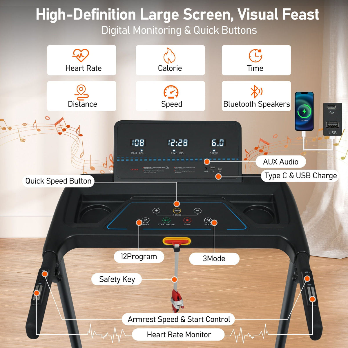 Folding Treadmill for Home with 3.0HP Motor and Bluetooth - Black
