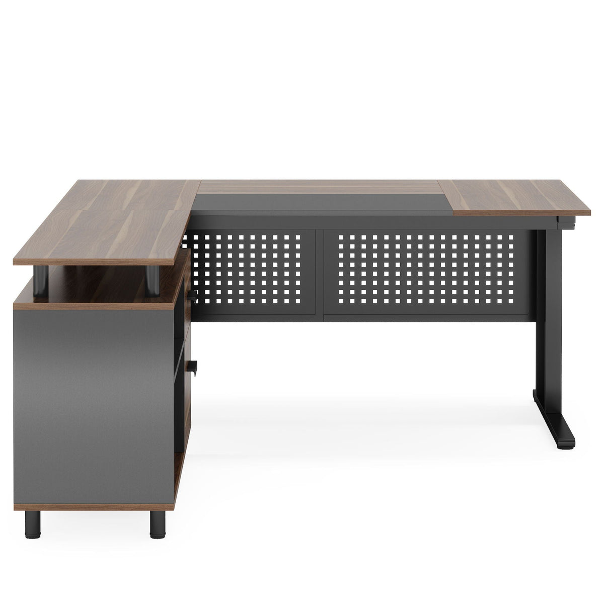 L-Shaped Executive Desk with File Cabinet and Storage Drawers - Light Brown or Dark Gray