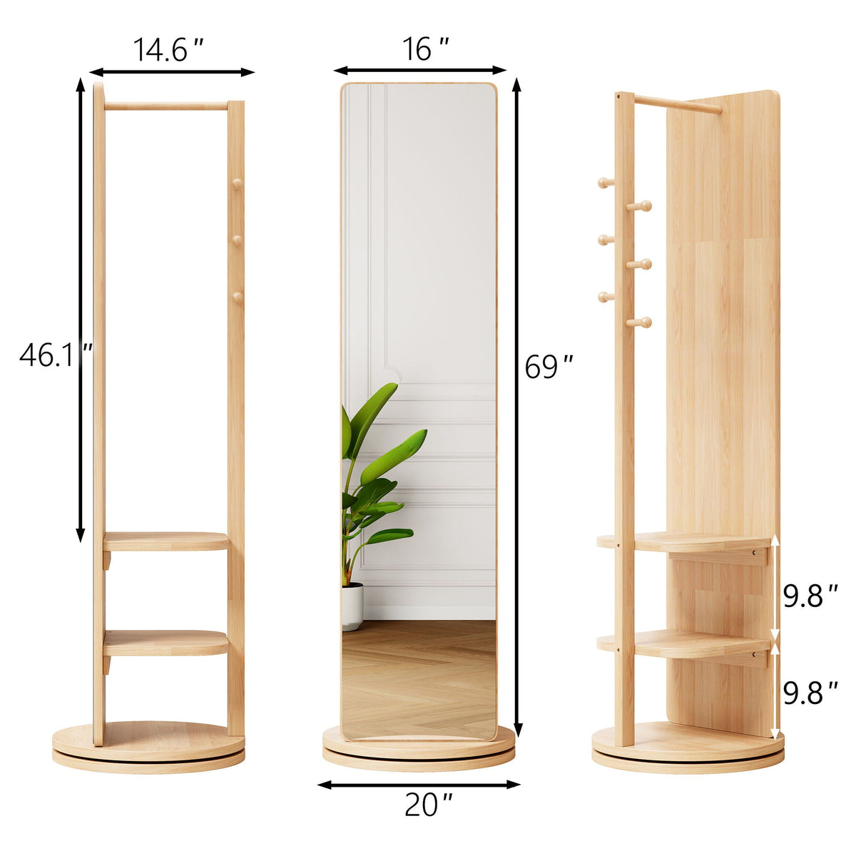 3 In 1 Multifunctional Full-Length Clothing Mirror with Rotating Design - Dark Brown, Black, White, Light Brown