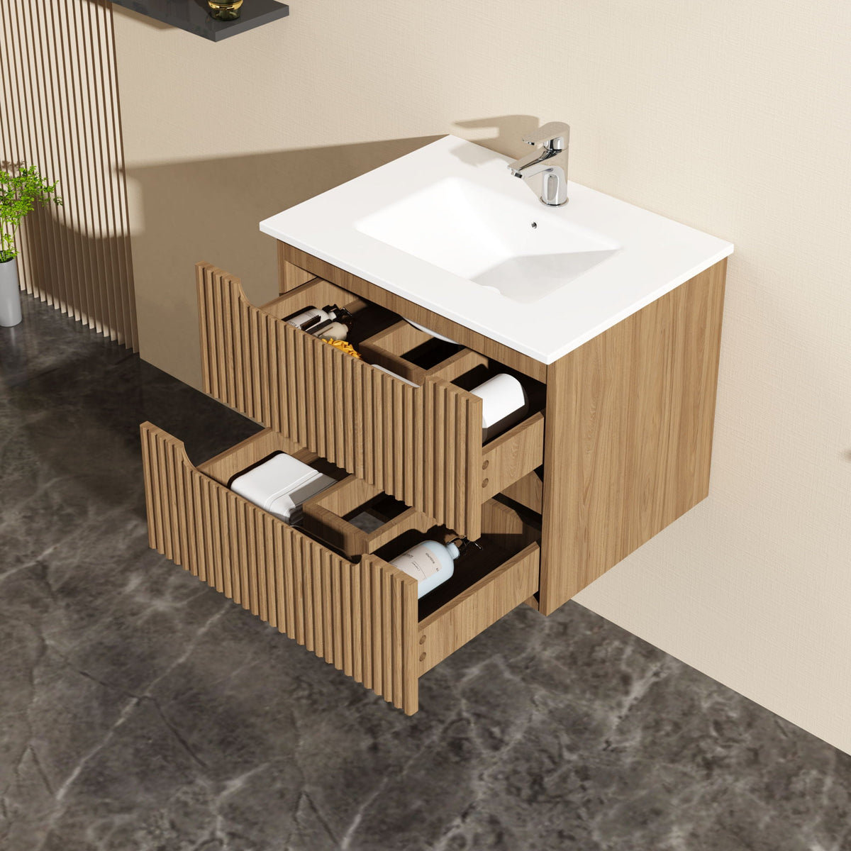 24" Wall Mount Bathroom Vanity Cabinet with Soft-Close Drawers - Walnut