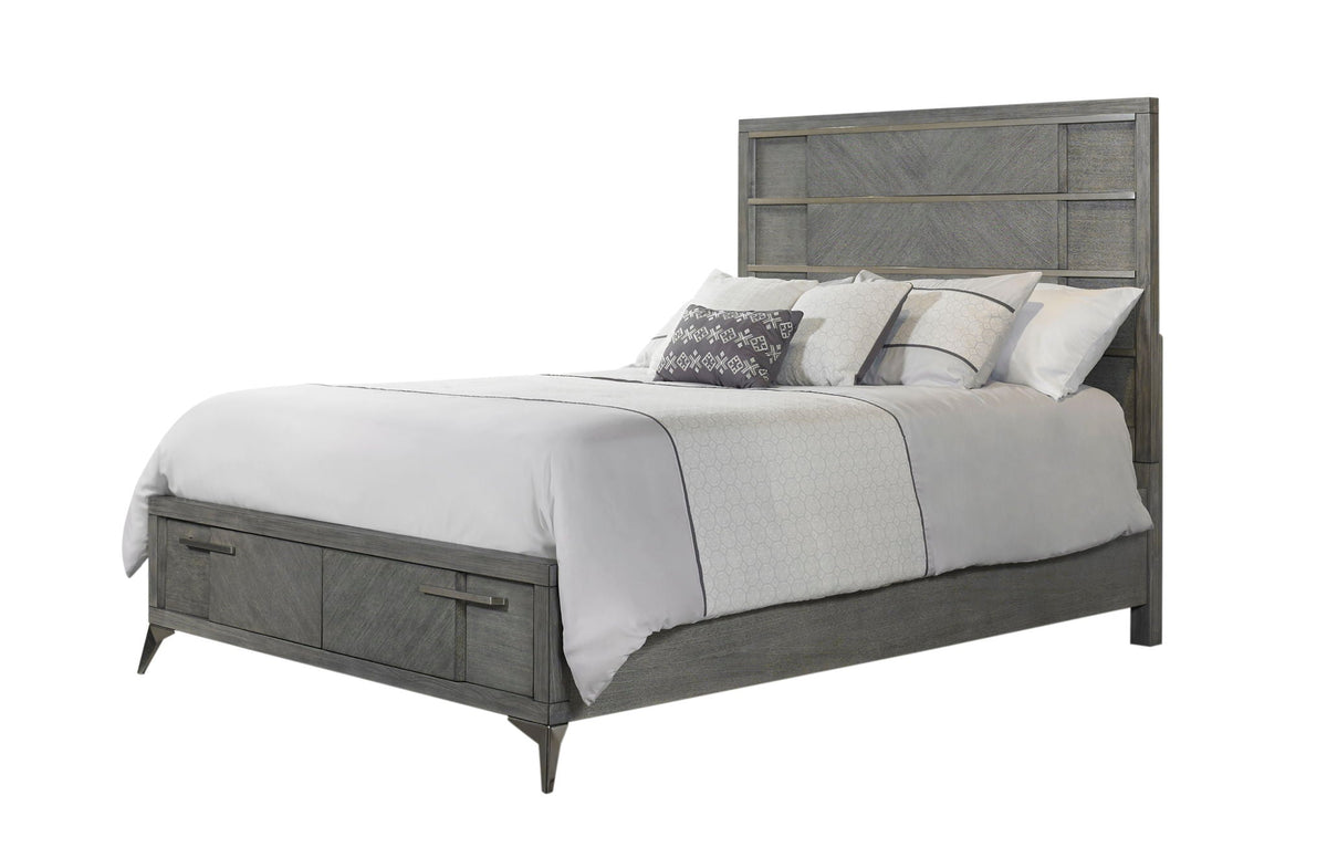 Dark Gray Storage Bed with Bookmatched Veneer and Lighted Headboard