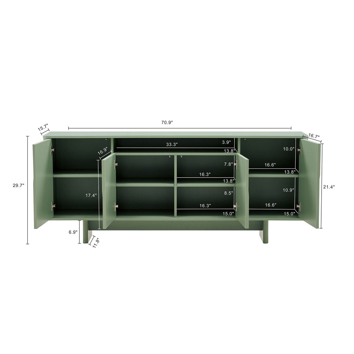 Sideboard With Adjustable Shelves and Soft Close Doors - White, Light Brown, Green