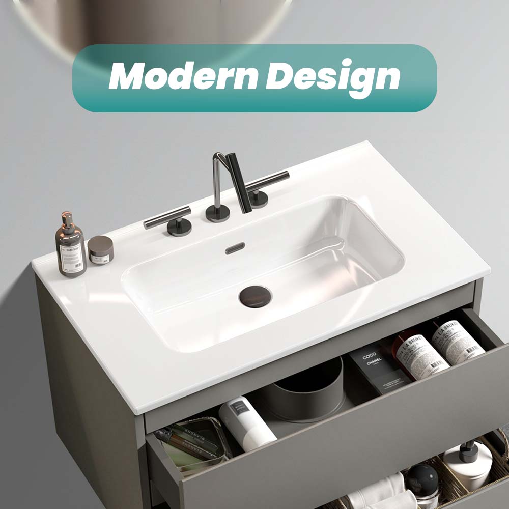 Glossy White Ceramic Integrated Sink with Seamless Design - White