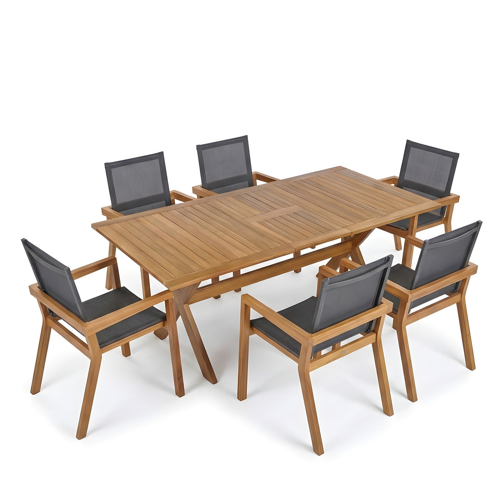 Acacia Wood Outdoor Dining Set 7-Piece with Large Table and 6 Chairs - Teak or Beige