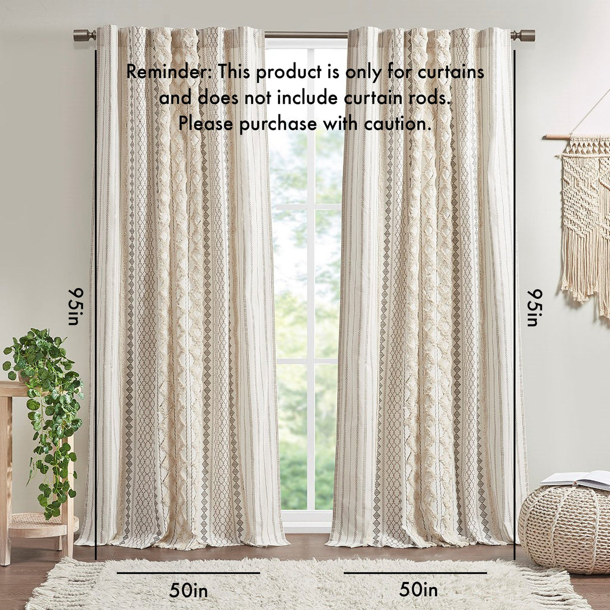 Cotton Printed Curtain Panel with Chenille Stripe - Ivory