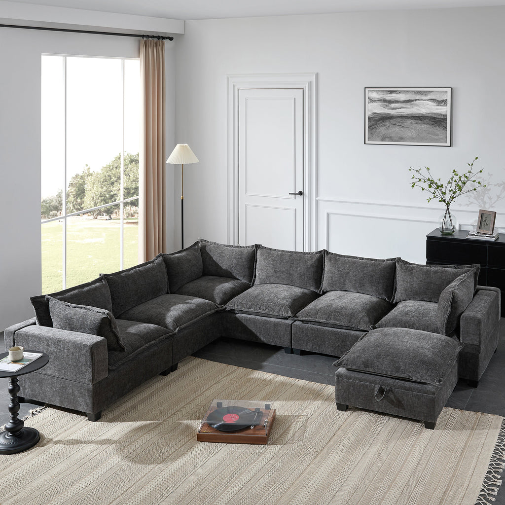 Modular Sectional Sofa with Movable Storage Ottoman - Chenille