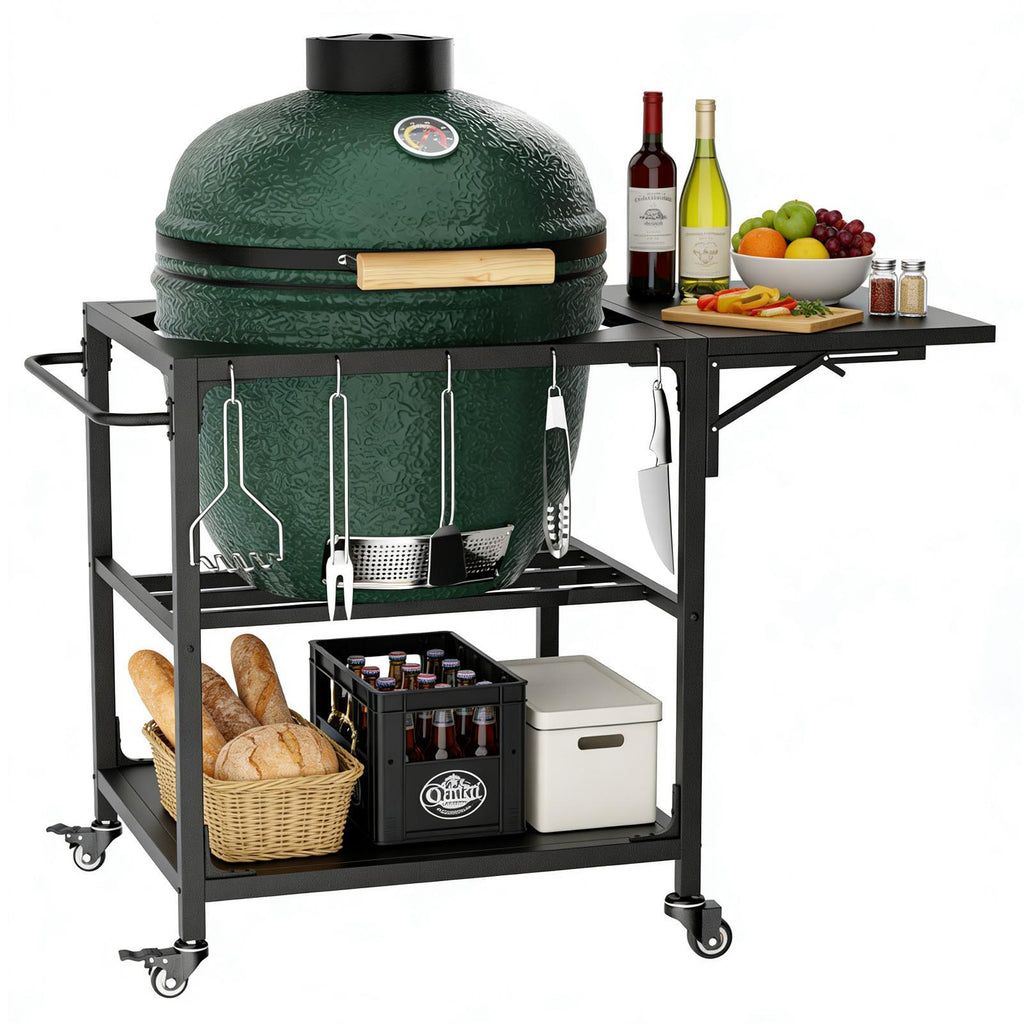 Outdoor Grill Table with Wheels and Storage Shelf - Black