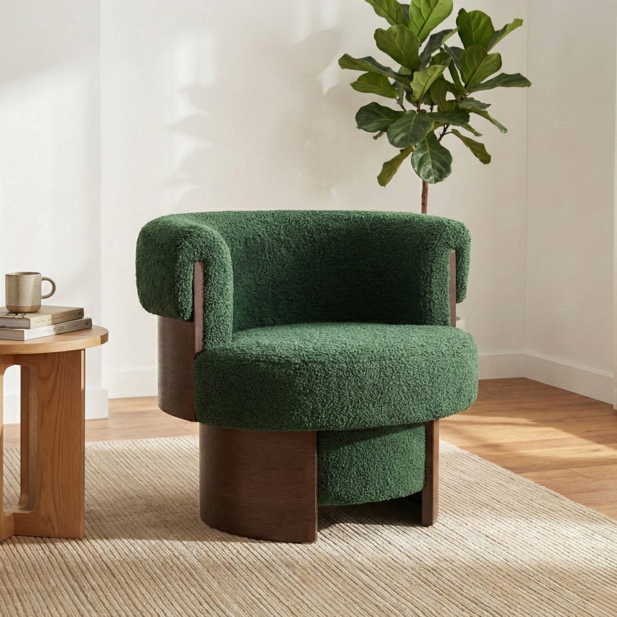Modern 32" Wide Curved Sculptural Swivel Barrel Chair with 360° Swivel - Boucle