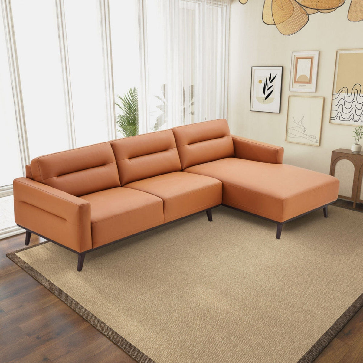 L-Shaped Sectional Couch with Solid Wood Frame and Vegan Upholstery - Yellow or Light Brown