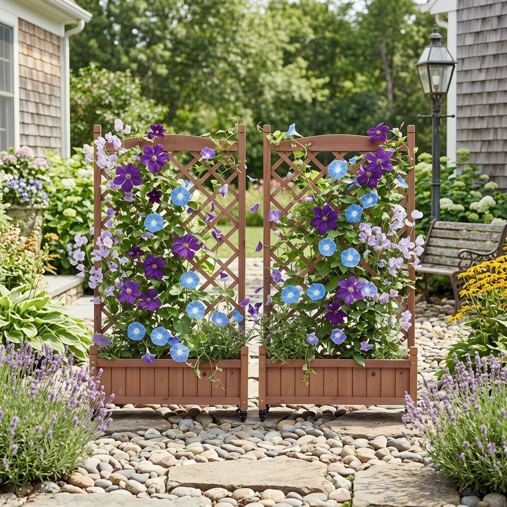 Raised Garden Bed with Trellis 2 Pack – Solid Wood Planter & Plant Stand, Brown