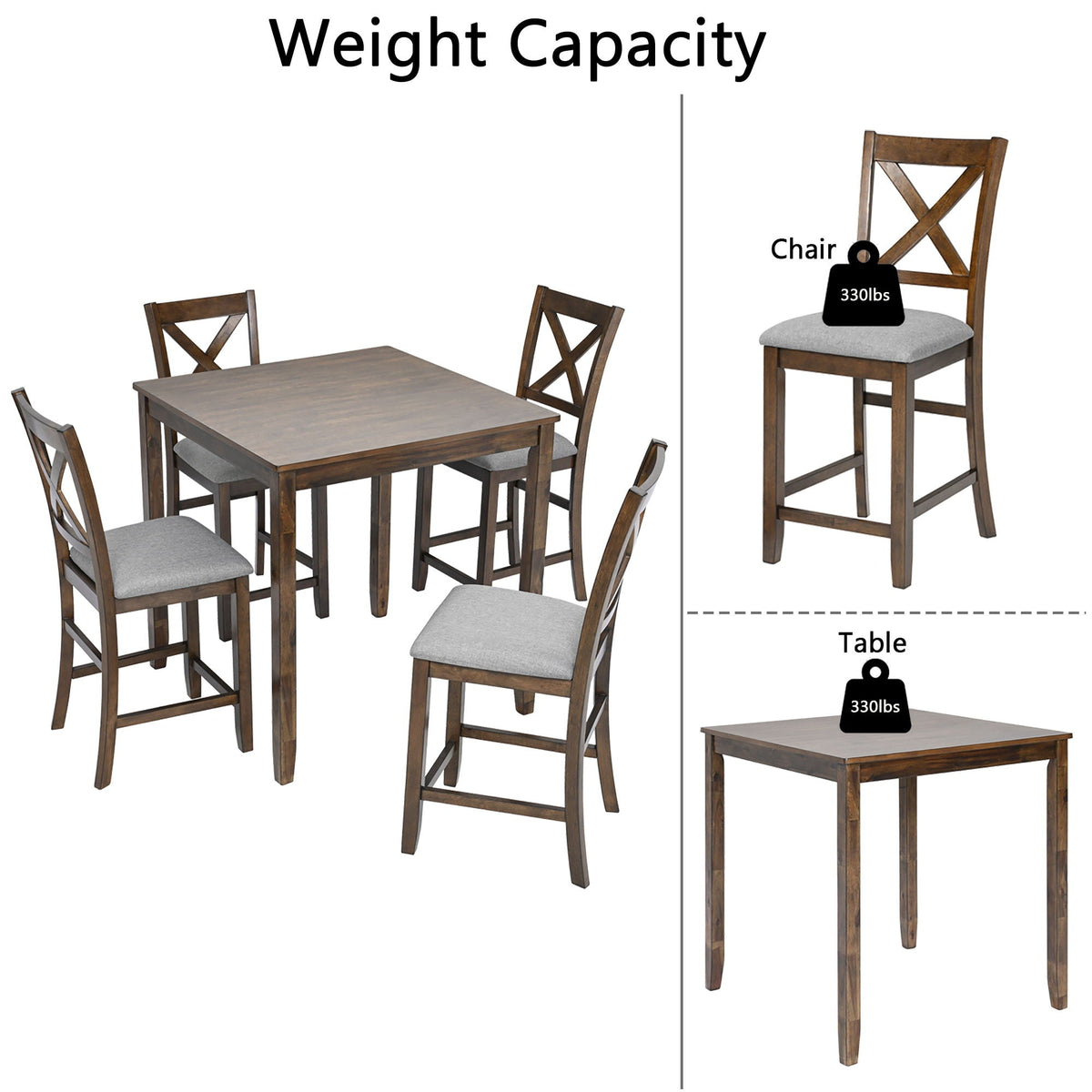 Wooden 5 Piece Dining Table Set with Square Counter Height Table - Gray or Dark Brown
