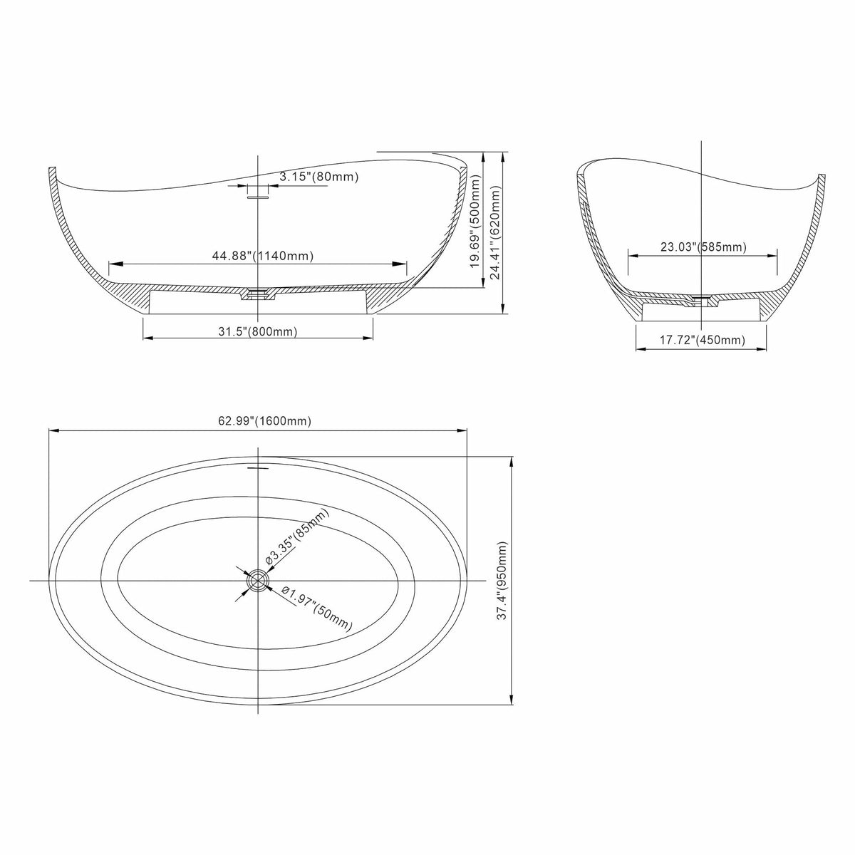 Freestanding Solid Surface Soaking Bathtub with Ergonomic Design – White or Black
