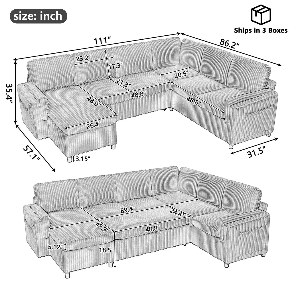 Convertible U-Shaped Sectional Sofa Bed with USB Ports and Storage – Black, Dark Gray, Blue