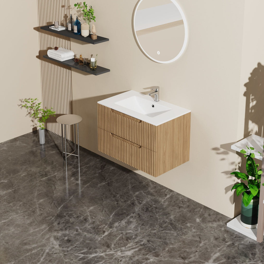 30" Wall Mounted Bathroom Vanity with Sink and Soft Close Drawers - Walnut