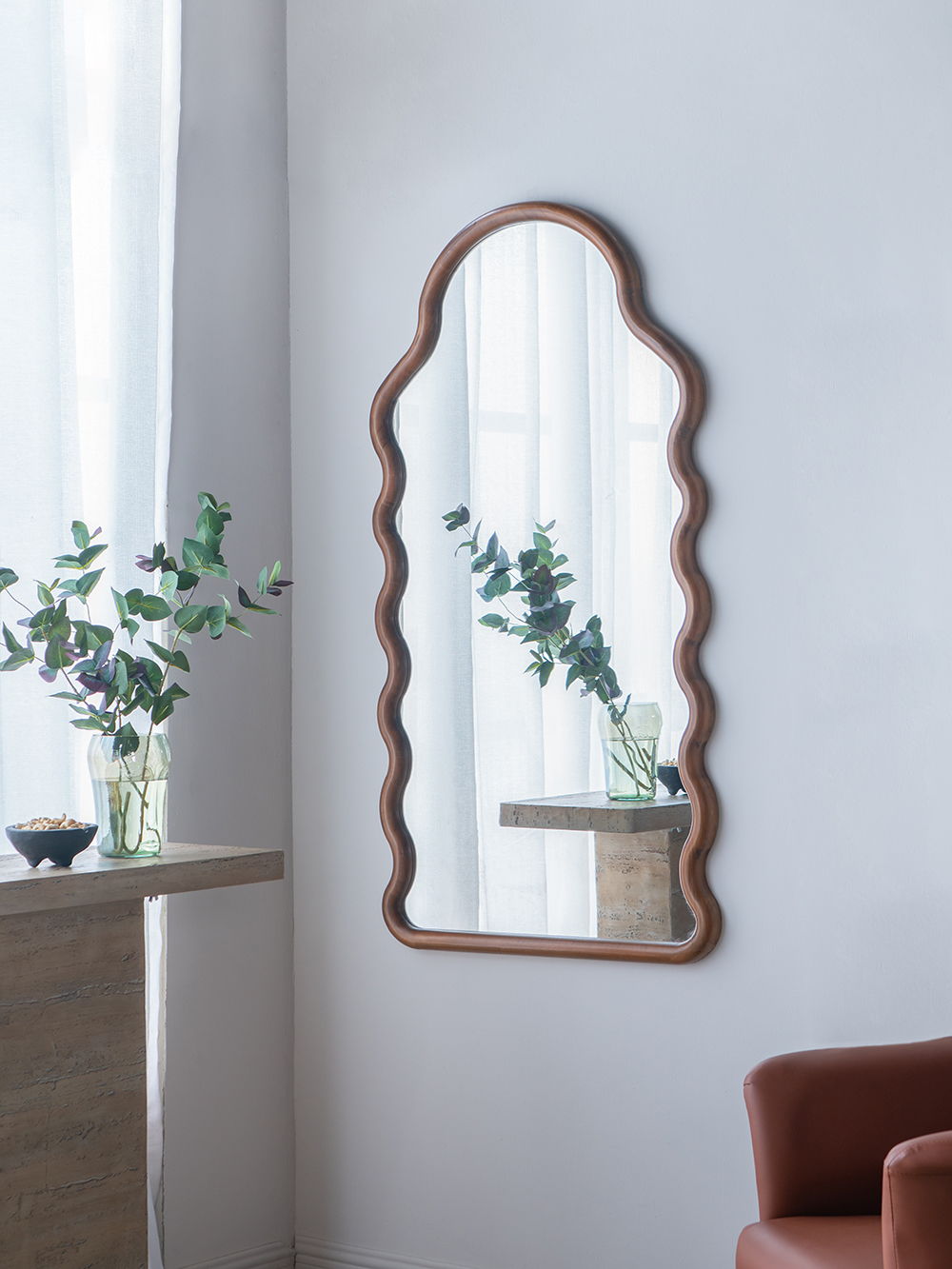Wood Mirror With Unique Frame - Full-Length Arched Mirror with Pine Frame - Brown