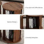 2-Piece Round Coffee Table Set with Sliding Door Storage - Walnut