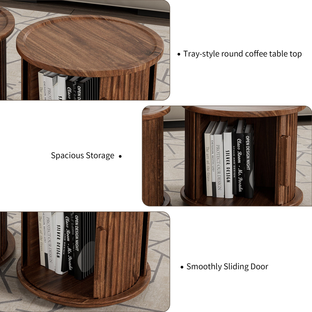 2-Piece Round Coffee Table Set with Sliding Door Storage - Walnut