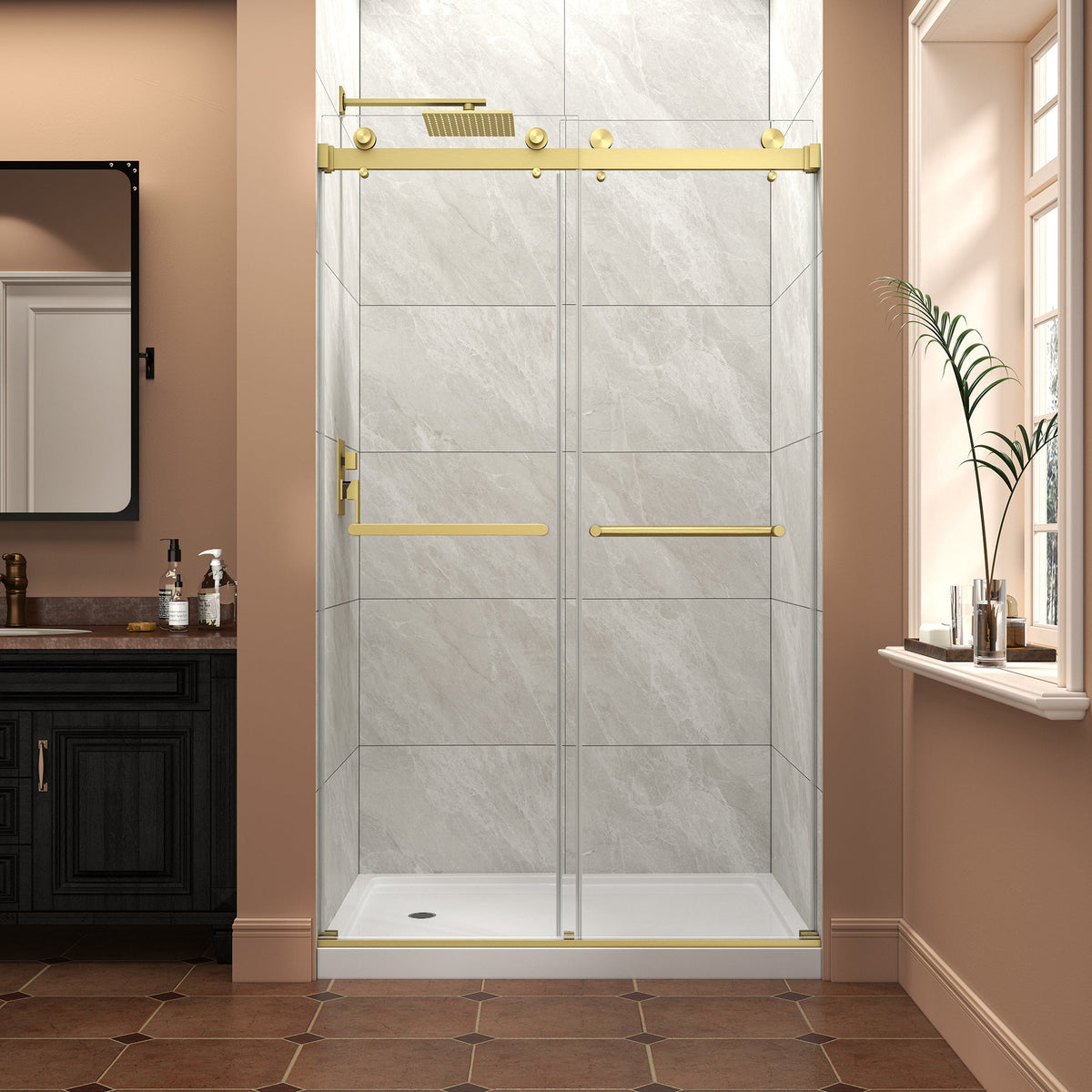 Frameless Shower Door with Tempered Glass - Brushed Gold