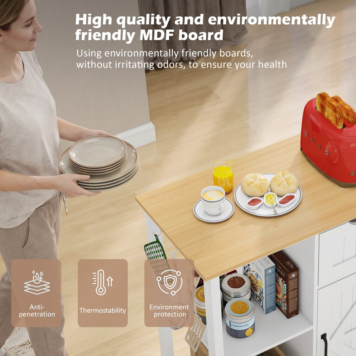 Kitchen Island Cart with Mobile Storage Cabinets - MDF & Metal