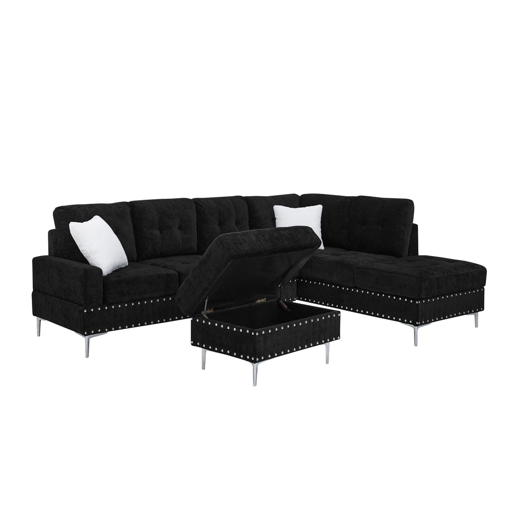 L-Shaped Sectional Sofa with Chaise and Storage Ottoman - Blue or Black
