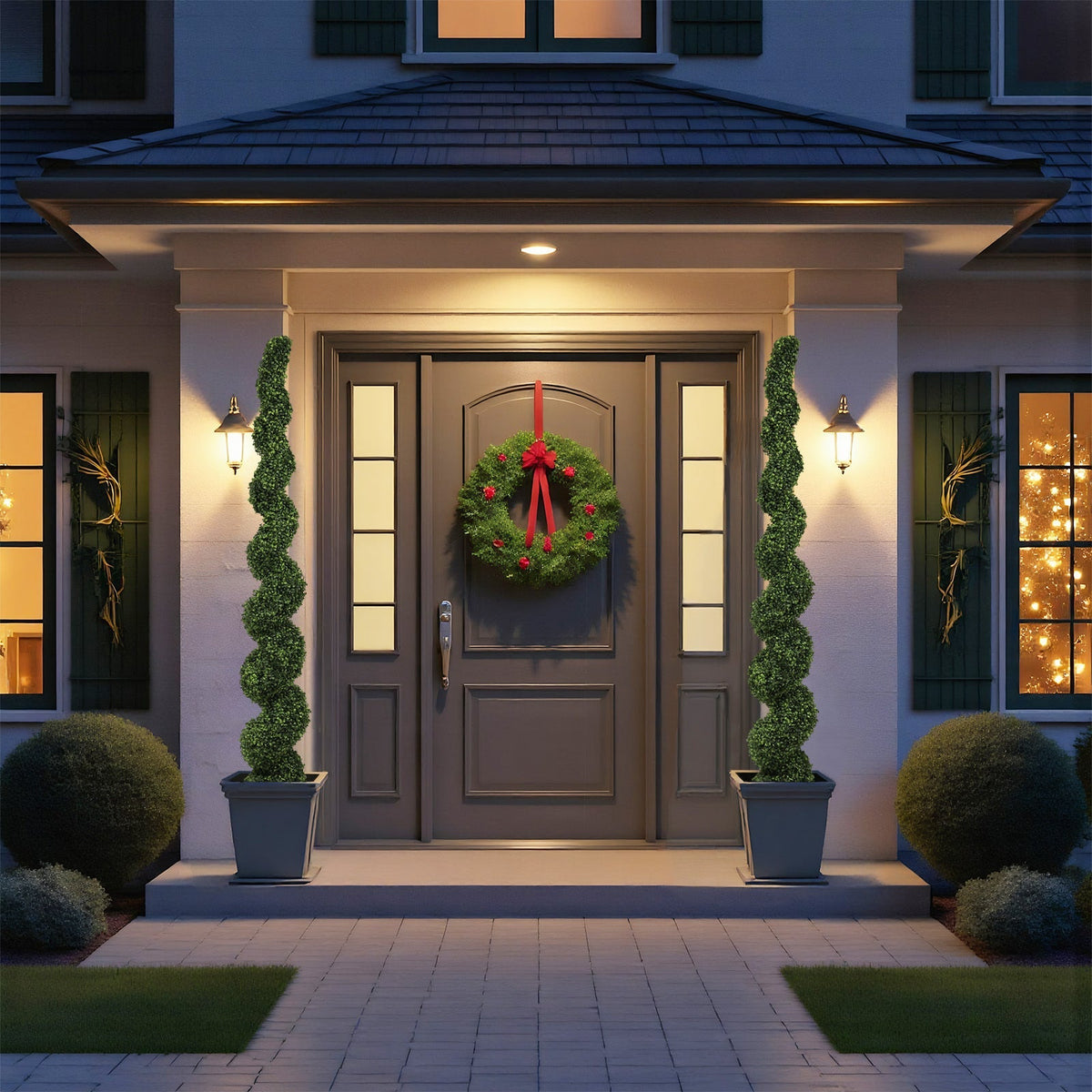 7FT Spiral Topiary Trees with Realistic Faux Boxwood - Green