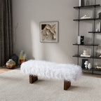 White Khaki Fur Bench with Walnut Frame - Upholstered Bench